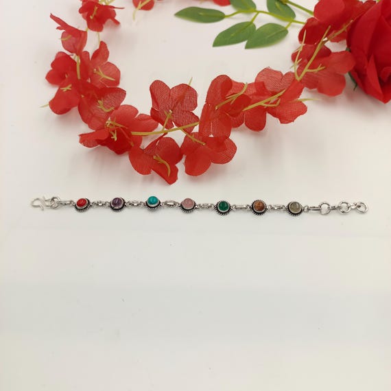 Vintage Mexican 925 Sterling Silver Multi-stone Bracelet: 7 Stone