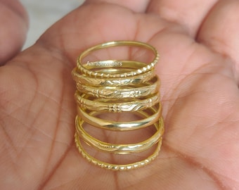 14K Solid Gold 7 Ring Set, Stackable Gold Rings, Minimalist Ring Stack, Textured Band Set, Handmade Gold Rings