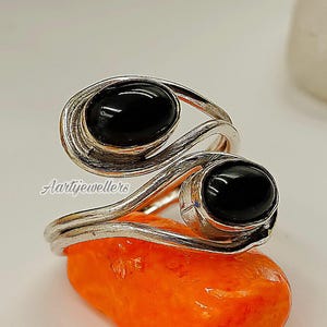 Sterling Silver Black Onyx Dual Stone Ring: Handmade Statement Jewelry
