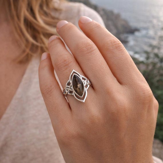 Marquise Smoky Quartz Celtic Knot Ring, 925 Sterling Silver Statement Boho Jewelry