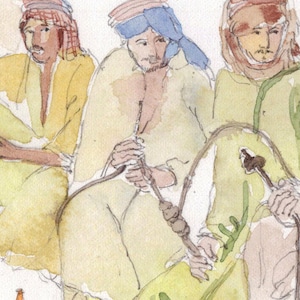 May include: Three men wearing traditional clothing are sitting and smoking water pipes. The men are wearing colorful head coverings and long robes. The water pipes are made of wood and have long, thin stems.