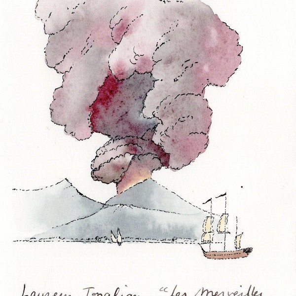 peinture volcan-dessin volcan-Eruption du Vésuve-Aquarelle de olcan-Aquarelle de bateau-Aquarelle originale