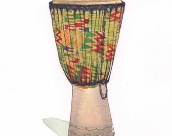 percussions aficaines-musique peinture-instrument de musique peinture - Djembe-Musique africaine-Aquarelle originale