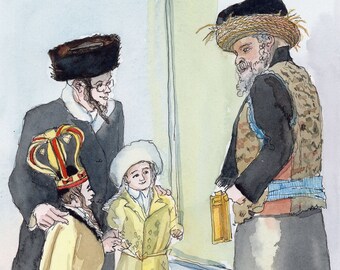 jewish painting-jewish art-jewish tradition - Disguised Children and Orthodox jewish men during Pourim-Original watercolor
