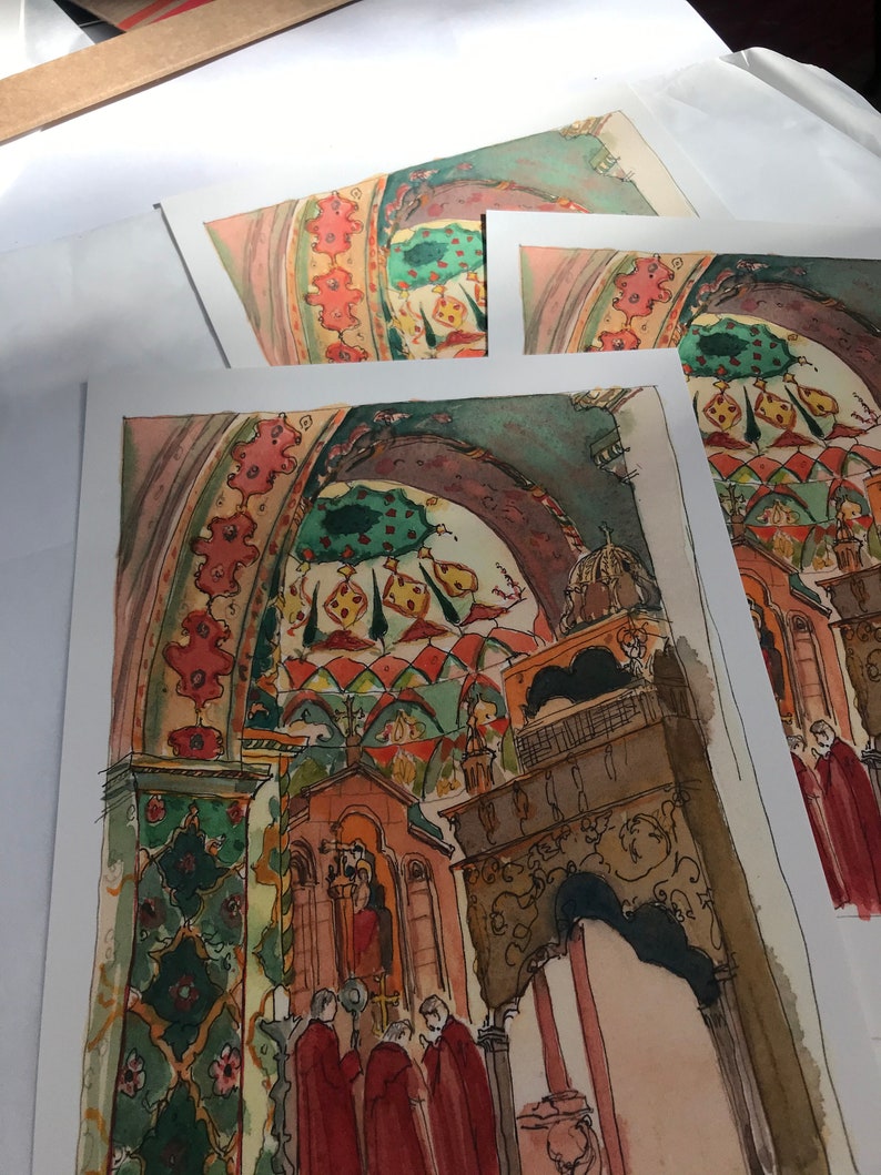 ARTSAKH REFUGEES Help-ARMENIA Help-armenian painting-Etchmiadzin cathedral interior with cypres-limited art print image 6