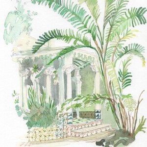 May include: Watercolor painting of a Moorish fountain in Oran, Algeria. The fountain is surrounded by lush greenery and palm trees. The text "Oran - Fontaine Mauresque" is written below the fountain.