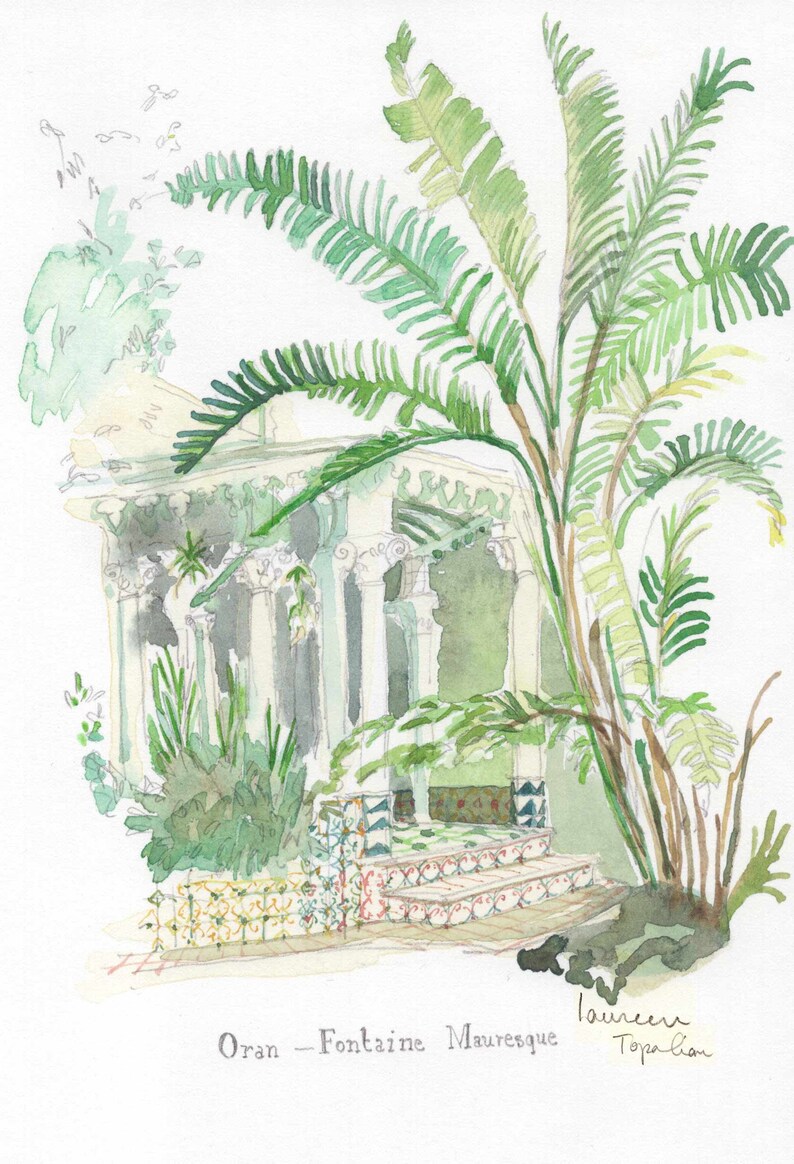 May include: Watercolor painting of a Moorish fountain in Oran, Algeria. The fountain is surrounded by lush greenery and palm trees. The text "Oran - Fontaine Mauresque" is written below the fountain.