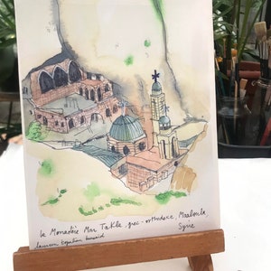 syrian painting-syrian art-syrian drawing-syrian church-architecture painting-Mar Takla monastery-Maaloula-Syrian church-canvas print