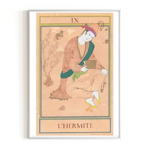 Tarot de Marseille-miniature persane- Carte de Tarot "L'Hermite" Peinture orientale- edition d'art limitée