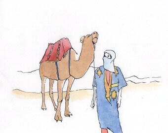 morocco painting-moroccan art-animal painting-Original watercolor - Camel with camel driver