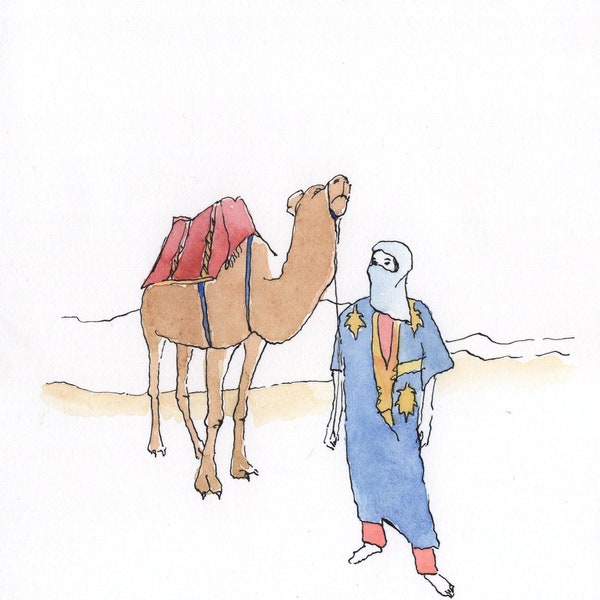 peinture du maroc-peinture d'animaux-dessin maroc-Aquarelle originale - Chameau et chamelier-Désert-Aquarelle Maroc-Aquarelle chameau