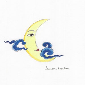 moon painting-moon art - Moon face-Moon and clouds-Original watercolor