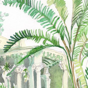 May include: Watercolor painting of a white building with columns, partially obscured by lush green palm leaves.