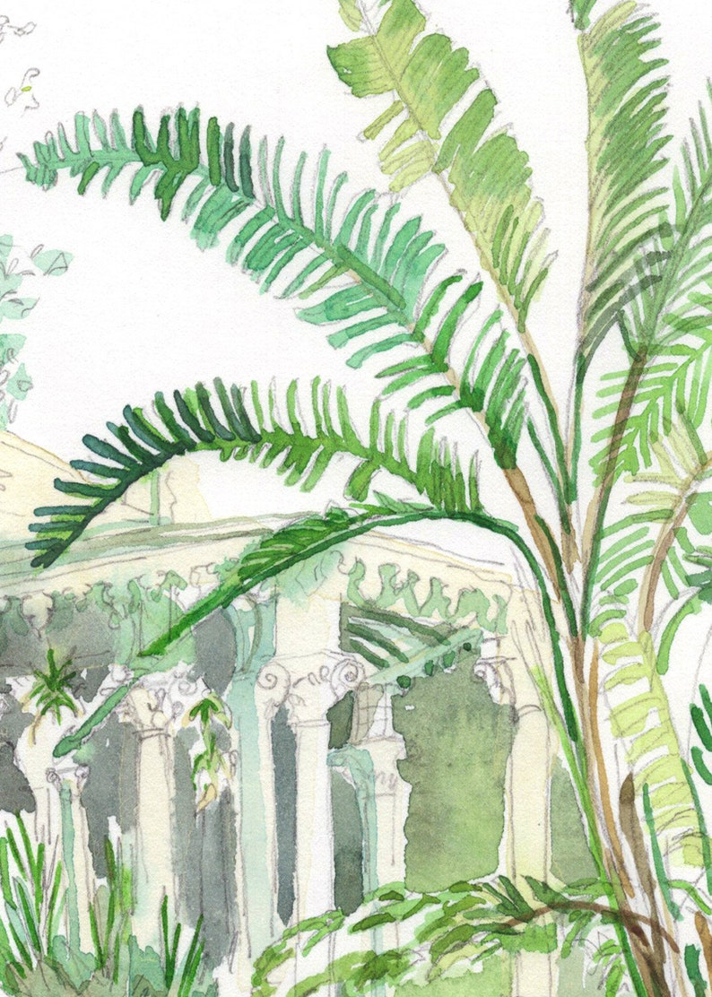 May include: Watercolor painting of a white building with columns, partially obscured by lush green palm leaves.