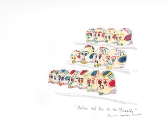 mexican painting-mexican art - All Saints day-Candy skulls-Mexican candy skulls-Mexican tradition-Folk painting-Original watercolor