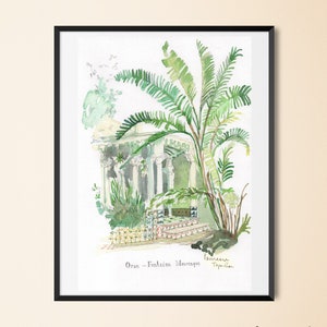 May include: Watercolor painting of a fountain in Oran, Algeria. The fountain is surrounded by lush greenery and palm trees. The text "Oran - Fontaine Murisque" is written below the fountain.