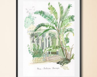 Algeria painting- Algerian watercolor-north africa painting-Original watercolor - MOORISH FOUNTAIN-North Africa painting-Palm trees