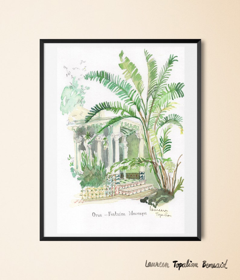 May include: Watercolor painting of a fountain in Oran, Algeria. The fountain is surrounded by lush greenery and palm trees. The text "Oran - Fontaine Murisque" is written below the fountain.