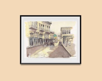 川辺忠光さんのイラク「バグダッド」油彩画 イラクの絵画 - イラクの芸術 - バグダッドのアル・ラシード通りの眺め