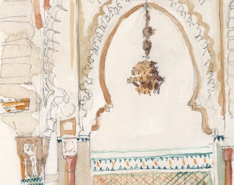 Moroccan painting-moroccan art-mosque painting-Original watercolor -Mosque painting