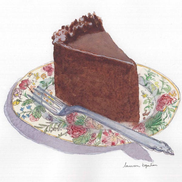 Dessert schilderij-cake schilderen-chocolade cake-koken schilderij-gebak schilderij-Originele aquarel