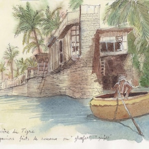 Peinture Irak-art Irak-paysage oriental-Aquarelle d'Irak- Bateau sur le Tigre GRANDE CARTE 15 x 21 cm