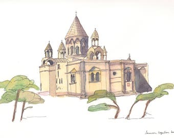 Original watercolor - Etchmiadzin Cathedral-Armenian cathedral-Armenian architecture-Watercolor with photo-mount