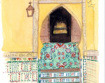 MARRAKECH painting- moroccan painting-North Africa painting- Moroccan watercolor-door painting-Yellow House in MARRAKECH-MOROCCAN gift