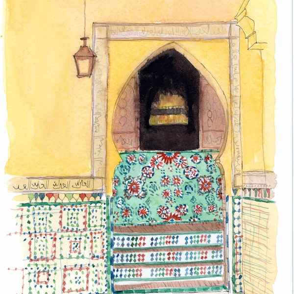 MARRAKECH schilderij- Marokkaanse schilderij-Noord-Afrika schilderij- Marokkaanse aquarel-deur schilderij-Geel Huis in MARRAKECH-MAROKKAANSe geschenk