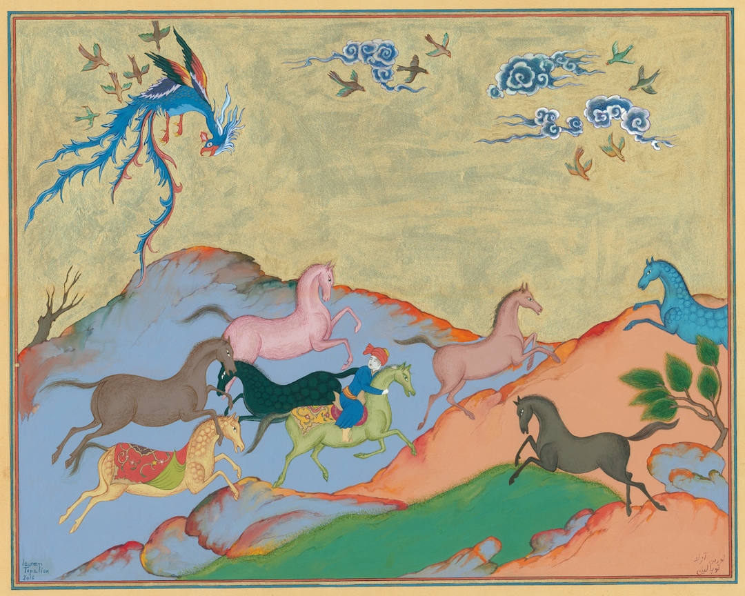 ペルシャ絵画/ペルシャ細密画-ペルシャ美術/額入り絵画-馬-馬の