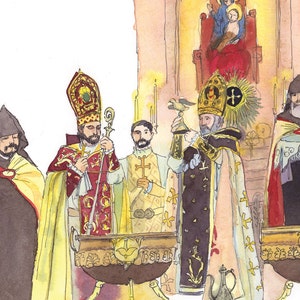 Armenia painting-armenian art - Etchmiadzin watercolor- Water Blessing-Armenian cathedral-Original watercolor with frame
