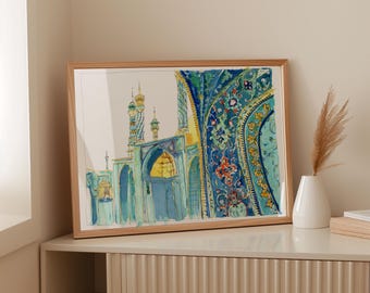 Iranian painting-iranian art-Persian architecture-shrine painting-Fatima Masumeh-architecture painting-original watercolor with frame
