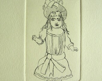 Retrato de niña - Retrato en blanco y negro - Joven con sombrero - Grabado original
