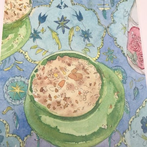art arménien-Dessin cuisine-peinture arménie- Aquarelle patisserie-Recette Noël Arménien-Anouch Abour-CARTE POSTALE avec enveloppe