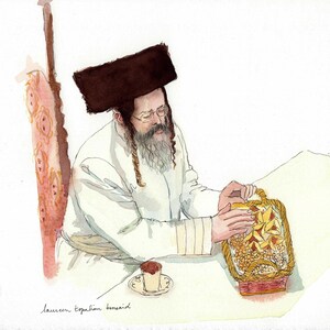 jewish painting-jewish art- Rabbi with hamantash-Rabbi painting-rabbi portrait -Jewish painting-Pourim-Jewish portrait-Original watercolor-
