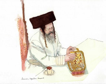 jewish painting-jewish art- Rabbi with hamantash-Rabbi painting-rabbi portrait -Jewish painting-Pourim-Jewish portrait-Original watercolor-