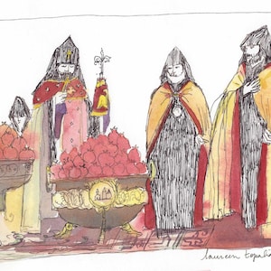 Armenian art-armenian painting- armenian cathedral-armenian liturgy- Etchmiadzin painting- POMEGRANATES Blessing-original watercolor