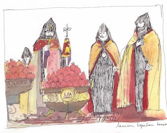 Original watercolor with frame- Etchmiadzin POMEGRANATES- POMEGRANATES Blessing-Armenian cathedral-Armenia painting-armenian liturgy
