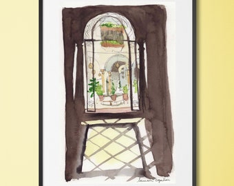 Spain painting-Spain art-spanish painting-spanish watercolor - Old Jewish district in Spain- plants painting-CordobaOriginal watercolor-