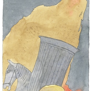 Peut inclure: Une peinture à l'aquarelle représentant un cheval, un crâne et une colonne. Le cheval est gris et porte une bride. Le crâne est jaune et a deux orbites. La colonne est grise et présente un motif cannelé. L'arrière-plan est brun clair et orange.