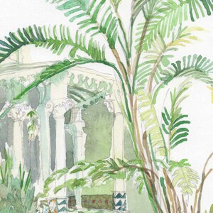 May include: Watercolor painting of a palm tree in front of a white building with columns. The building has a tiled floor and steps. The palm tree has green leaves and a brown trunk.