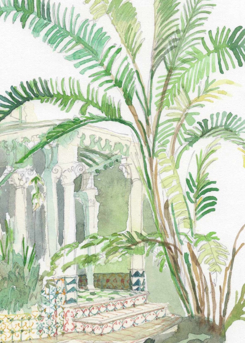 May include: Watercolor painting of a palm tree in front of a white building with columns. The building has a tiled floor and steps. The palm tree has green leaves and a brown trunk.