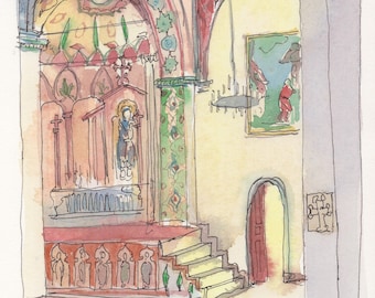 Original watercolor with photo-mount- Etchmiadzin Interior-Armenian cathedral-Armenia painting-armenian liturgy