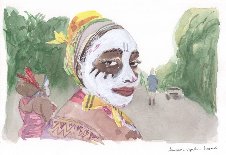 peinture créole-peinture antillaise-art antillais-art créole-Femme pendant le Carnaval des Antilles-Portrait de femme-Aquarelle originale image 1