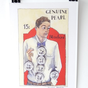 Publicité ancienne-publicité mode hommes-Aquarelle carte à boutons "Blue bird"- Edition d'art