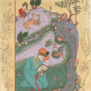 PERSISCHE MALEREI /Persische Miniatur Malerei-Persische Kunst-Iranische Kunst-Original Persische Malerei mit Rahmen-Derwisch mit Tiere