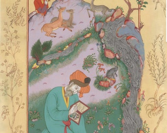 PEINTURE PERSANE ORIGINALE /miniature persane contemporaine-peinture encadrée- Derviche aux animaux
