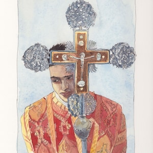 armenian art-armenian painting-armenian church-Etchmiadzin procession-Armenian cathedral-armenian liturgy-Original watercolor