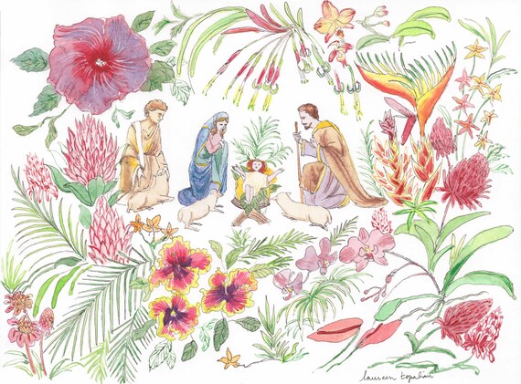 Crèche Et Fleurs Exotiques Aquarelle Originale Dessin De Fleurs Hibiscus