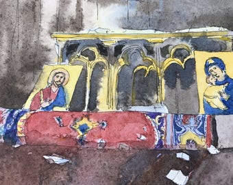 middle east watercolor-iraki church-church painting-church art-Original watercolor Middle East Christian -St-Georges Bartella